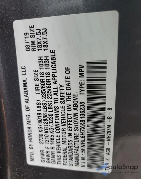 2019 Honda Odyssey Exl from USA, damaged, VIN 5FNRL6H7XKB136238